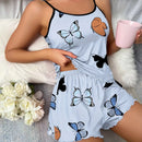 Conjunto de Pijama com Estampa de Borboleta, Top Cami com Babado, Shorts com Cintura Elástica, Pijama Feminino,  Confortáveis