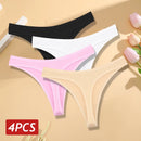 Conjunto 4 peças, Calcinha de algodão Sem costura Cintura baixa Tanga V-Cintura Cor sólida respirável Lingerie macia íntimos