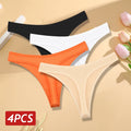 Conjunto 4 peças, Calcinha de algodão Sem costura Cintura baixa Tanga V-Cintura Cor sólida respirável Lingerie macia íntimos