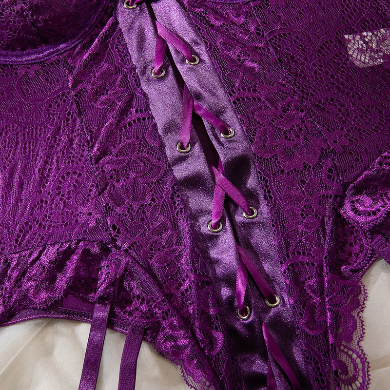 Roupas Íntimas Sexy Femininas Conjuntos de Lingerie em Renda Malha Exótica Body Transparente Luvas Meias de Seda Conjunto Roupas Adulto