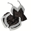 Conjunto de Pijama Feminino Sexy com Patchwork e Renda, Respirável com Alças Finas