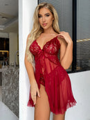 Conjunto Hot Fantasy de Mini Saia para Dormir com Sutiã de Decote V e Calcinha, Roupa Sexy Feminina, Pijama, Vestido de Noite com Fenda, Lingerie Transparente Doll
