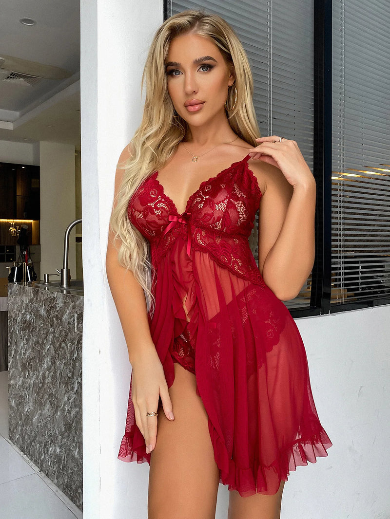 Conjunto Hot Fantasy de Mini Saia para Dormir com Sutiã de Decote V e Calcinha, Roupa Sexy Feminina, Pijama, Vestido de Noite com Fenda, Lingerie Transparente Doll
