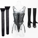 Roupas Íntimas Sexy Femininas Conjuntos de Lingerie em Renda Malha Exótica Body Transparente Luvas Meias de Seda Conjunto Roupas Adulto
