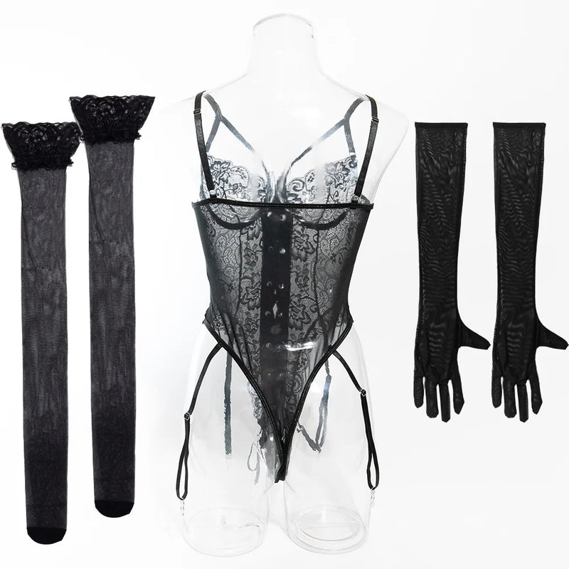 Roupas Íntimas Sexy Femininas Conjuntos de Lingerie em Renda Malha Exótica Body Transparente Luvas Meias de Seda Conjunto Roupas Adulto