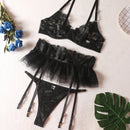 Conjunto de Lingerie Feminina Sexy Sutiã Push Up com Tiras Bordadas em Tule Transparente Conjunto de Lingerie com Calcinha e Sutiã 3 Peças