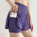 Short esportivo feminino cintura alta para yoga, tênis, corrida e pilates, com bolso, justo, estilo falso duas peças