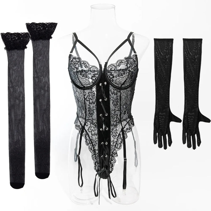 Roupas Íntimas Sexy Femininas Conjuntos de Lingerie em Renda Malha Exótica Body Transparente Luvas Meias de Seda Conjunto Roupas Adulto