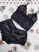 Conjuntos de Pijama Feminino em Renda e Seda, Lingerie Sexy, Top Cropped e Shorts, Babydoll