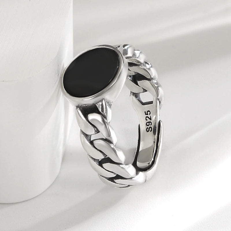 Anel de prata esterlina 925 com ágata natural que nunca desbota, estilo hip-hop, anel Unisex