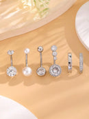 Conjunto com 6 peças de Anéis de Umbigo com Pérola Falsa e Barra Invertida, em Aço Inoxidável, Flor Curvada com Zircônia, Joia para Piercing de Umbigo