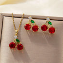 Conjunto de Joias com Colar e Brincos de Pingente de Fruta Cereja de Zircão Vermelho para Mulheres, Nova Tendência, Corrente para Clavícula, Presente