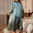 Robe com Cinto e Estampa de Cereja Pequena Sexy de Cetim Elegante para Lazer Quatro Estações Respirável Pijama Feminino