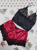 Conjuntos de Pijama Feminino em Renda e Seda, Lingerie Sexy, Top Cropped e Shorts, Babydoll