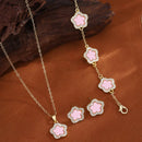 Conjunto de Joias de Luxo para Mulheres Corrente de Cor Prata em Aço Inoxidável Colar, Brincos e Pulseira Dupla Face com Flor de Cinco Folhas Trevo