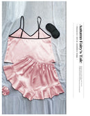 Pijama Feminino de Cetim Liso com Decote V, Borda com Babados e Shorts com Laço, Conjunto de Pijama Simples e Respirável, com Alças