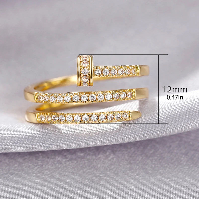 Anéis Ajustáveis de Múltiplas Camadas com Zircônia para Mulheres, Joia Delicada, Cor Dourada, Anéis com Cristal