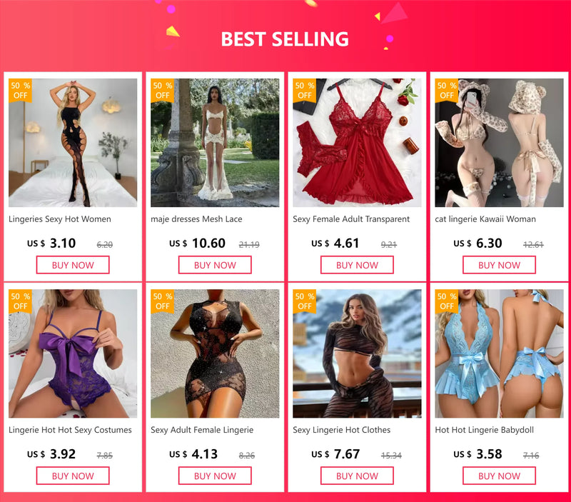 Sexy Female Adult Transparent Red Lingerie Women Underwear Sleepwear Lace Babydoll Dress Panties Pijamas Set Adult Female Nighty