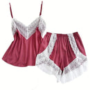 Conjunto de Pijama Feminino Sexy com Patchwork e Renda, Respirável com Alças Finas