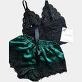 Conjuntos de Pijama Feminino em Renda e Seda, Lingerie Sexy, Top Cropped e Shorts, Babydoll