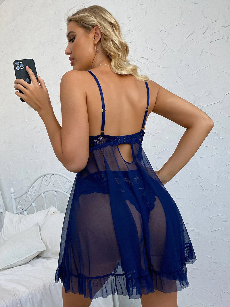 Conjunto Hot Fantasy de Mini Saia para Dormir com Sutiã de Decote V e Calcinha, Roupa Sexy Feminina, Pijama, Vestido de Noite com Fenda, Lingerie Transparente Doll