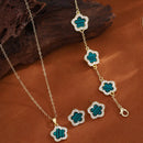 Conjunto de Joias de Luxo para Mulheres Corrente de Cor Prata em Aço Inoxidável Colar, Brincos e Pulseira Dupla Face com Flor de Cinco Folhas Trevo