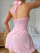 Vestido de Lingerie Sexy Feminina Lingerie Erótica Camisola Noite Sexy de Renda com Gola Halter Camisola Abertura com Amarração Conjunto de Calcinha