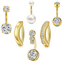 Conjunto com 6 peças de Anéis de Umbigo com Pérola Falsa e Barra Invertida, em Aço Inoxidável, Flor Curvada com Zircônia, Joia para Piercing de Umbigo