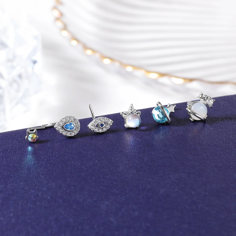 1PC Joia de Piercing de Nariz de Cobre para Mulheres Stud de Cristal com Flor, Olho, Opala, Coração e Lua Piercings Corporais