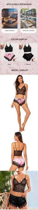 Conjunto de Pijama Feminino Sexy de 2 Peças em Renda com Top Cami Transparente e Shorts, Respirável, Lingerie de Verão Plus Size