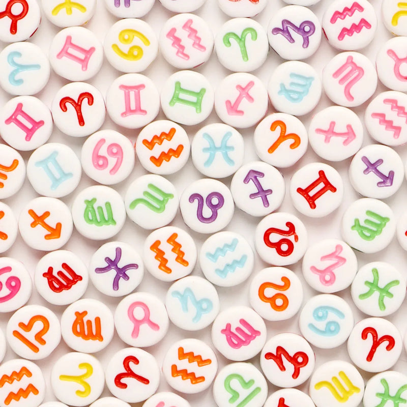 100 Peças 4*7mm Contas Redondas Sortidas de Signos do Zodíaco, Pingentes Espaçadores Soltos para Confecção de Joias e Acessórios de Pulseira DIY