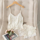 Pijamas Femininos 2024 Nova Estampa Floral Sexy, Roupas de Dormir com Decote em V de Renda em Seda Gelada
