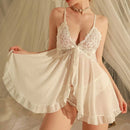 Vestido de Lingerie Sexy Feminina Lingerie Erótica Camisola Noite Sexy de Renda com Gola Halter Camisola Abertura com Amarração Conjunto de Calcinha