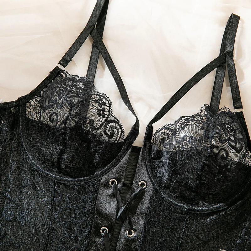 Roupas Íntimas Sexy Femininas Conjuntos de Lingerie em Renda Malha Exótica Body Transparente Luvas Meias de Seda Conjunto Roupas Adulto