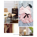 Pijama Feminino de Cetim Liso com Decote V, Borda com Babados e Shorts com Laço, Conjunto de Pijama Simples e Respirável, com Alças