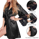 Robe  Francesa de Cetim Sedoso com Fio Dental, Roupão com Renda, Manga Curta, Camisola Feminina Sexy