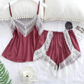 Conjunto de Pijama Feminino Sexy com Patchwork e Renda, Respirável com Alças Finas