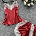 Conjunto de Pijama Feminino Sexy com Patchwork e Renda, Respirável com Alças Finas