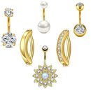 Conjunto com 6 peças de Anéis de Umbigo com Pérola Falsa e Barra Invertida, em Aço Inoxidável, Flor Curvada com Zircônia, Joia para Piercing de Umbigo