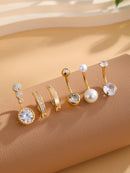 Conjunto com 6 peças de Anéis de Umbigo com Pérola Falsa e Barra Invertida, em Aço Inoxidável, Flor Curvada com Zircônia, Joia para Piercing de Umbigo