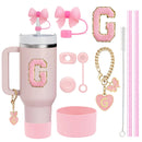 Conjunto de 10 Acessórios para Copo Stanley, 2 Canudos e Escova e 1 Corrente com Pingente de Flor, 3 Tampas à Prova de Vazamento, Flores, Capa de Canudo e Bico