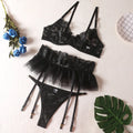 Conjunto de Lingerie Feminina Sexy Sutiã Push Up com Tiras Bordadas em Tule Transparente Conjunto de Lingerie com Calcinha e Sutiã 3 Peças