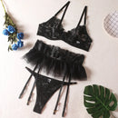 Conjunto de Lingerie Feminina Sexy Sutiã Push Up com Tiras Bordadas em Tule Transparente Conjunto de Lingerie com Calcinha e Sutiã 3 Peças