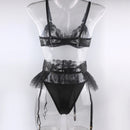 Conjunto de Lingerie Feminina Sexy Sutiã Push Up com Tiras Bordadas em Tule Transparente Conjunto de Lingerie com Calcinha e Sutiã 3 Peças