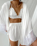 Conjuntos de Pijama com Patchwork e Renda, Conjuntos de Robe com Sutiã, Lingerie de Cetim Sexy Feminina, Conjunto de 3 Peças de Pijamas
