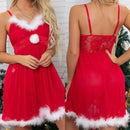 Vestido de Natal Sexy Lingerie Erótica Transparente Renda Vermelha Cosplay Feminino Babydoll para Presentes