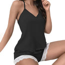 Conjunto de Pijama Feminino de Verão Elegante em Renda com Design nas Costas, Regata com Alças Finas e Shorts com Cintura Elástica