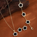 Conjunto de Joias de Luxo para Mulheres Corrente de Cor Prata em Aço Inoxidável Colar, Brincos e Pulseira Dupla Face com Flor de Cinco Folhas Trevo