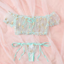 Roupa íntima feminina sexy de verão Sedutora floral Lingerie sonhadora ombros descobertos Blusas bralette calcinhas Conjunto erótico transparente