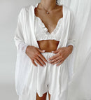 Conjuntos de Pijama com Patchwork e Renda, Conjuntos de Robe com Sutiã, Lingerie de Cetim Sexy Feminina, Conjunto de 3 Peças de Pijamas